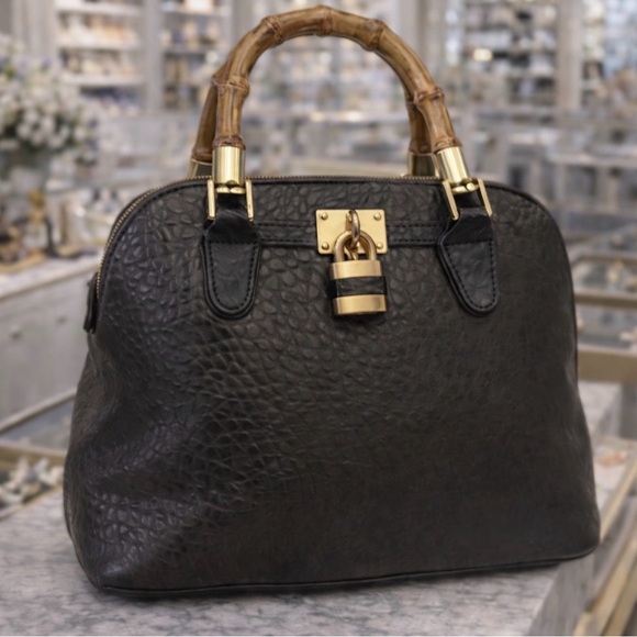 Handbags - Elegant Black Pebbled Handbag with Bamboo Handles